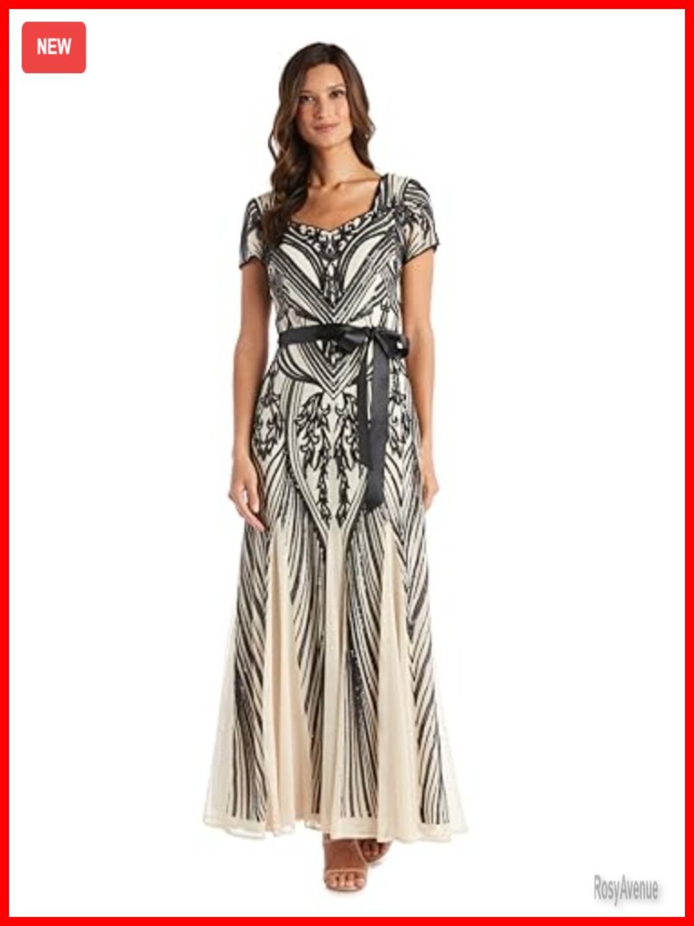 R&M Richards Aveline Deco Sequin Gown Formal Evening Dress Short Sleeve